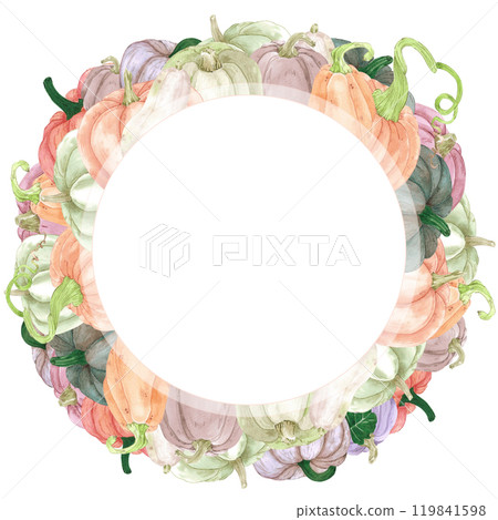 Hand drawn watercolor autumn pumpkins wreath frame border isolated on white background. Rural illustration Can be used for postcard, label, scrapbook and other printed products. 119841598