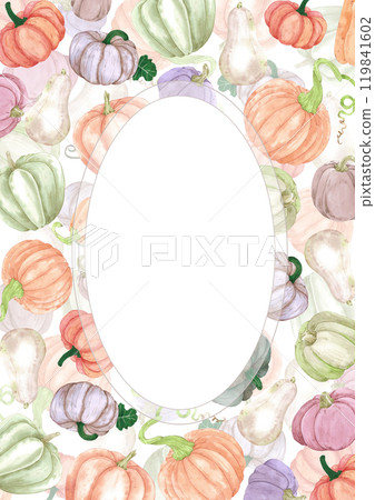 Hand drawn watercolor autumn pumpkins frame border isolated on white background. Rural illustration Can be used for postcard, label, scrapbook and other printed products. 119841602