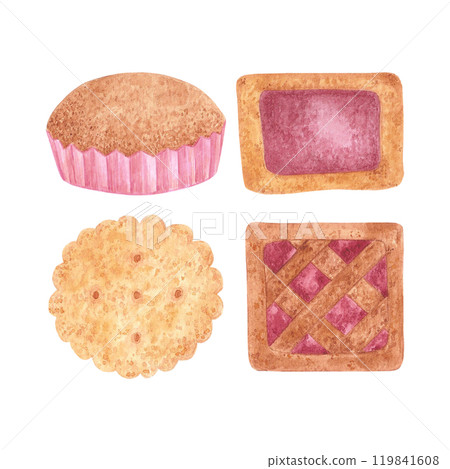 Hand drawn watercolor autumn cookies with and cake isolated on white background. Can be used for postcard, label, scrapbook and other printed products. Hand drawn watercolor autumn cookies with and cake isolated on white background. Can be used for postcard, label, scrapbook and other printed products. 119841608
