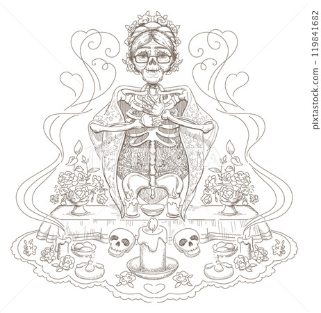 Day of dead festive dinner skeleton great grandmother at memorial holiday table 119841682
