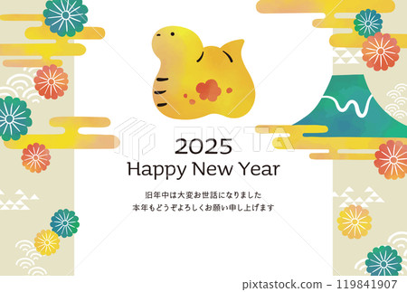 蛇年賀年片，水彩風格，蛇，菊花，富士山 119841907