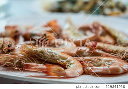 Grilled Shrimp served on Plate 119841938