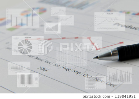 Business background material - ballpoint pen and various business charts Business background material - ballpoint pen and various business charts 119841951