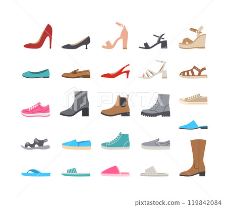 Women shoes collection. Basic types of footwear for lady. High heels, sandals, boots, flats, loafers, slippers. Simple color flat icons for clothing shop. Side view pictograms, isolated 119842084