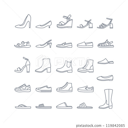 Women shoes collection. Basic types of footwear for lady. High heels, sandals, boots, flats, loafers, slippers. Simple line icons for clothing shop. Outline pictograms, editable stroke 119842085