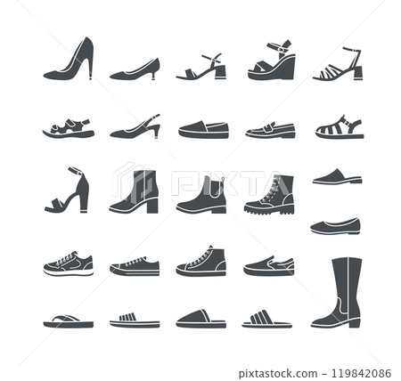 Women shoes collection. Basic types of footwear for lady. High heels, sandals, boots, flats, loafers, slippers. Simple solid silhouette icons for clothing shop. Side view pictograms, isolated 119842086