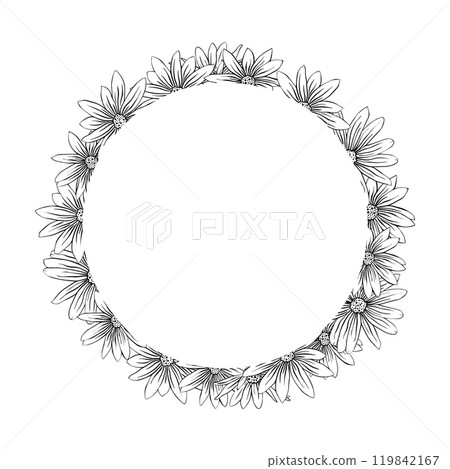Hand drawn composition of Jerusalem artichoke flower. Round frame of Jerusalem artichoke flower Hand drawn composition of Jerusalem artichoke flower. Round frame of Jerusalem artichoke flower 119842167