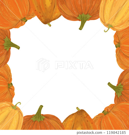 Hand drawn pumpkin arrangement. Pumpkin flower frame for card design. Hand drawn pumpkin arrangement. Pumpkin flower frame for card design. 119842185