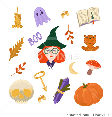 Halloween sticker set. Girl in Halloween witch costume and spooky elements. Cartoon vector magic  119842195