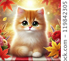 Cats looking at autumn leaves 119842305