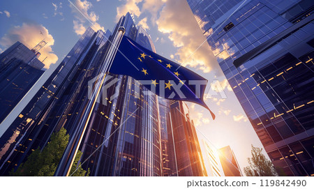 EU national flag and government building with skyscrapers. 119842490