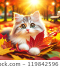 Cats looking at autumn leaves 119842596