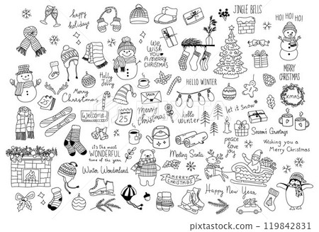 Hand drawn Christmas doodle, Merry christmas and happy new year, Christmas tree, wreath, christmas elements Hand drawn Christmas doodle, Merry christmas and happy new year, Christmas tree, wreath, christmas elements 119842831