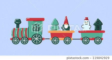 Festive decor train with a snowman and Christmas tree. Souvenir and gift for New Year and Christmas. Festive decor train with a snowman and Christmas tree. Souvenir and gift for New Year and Christmas. 119842929