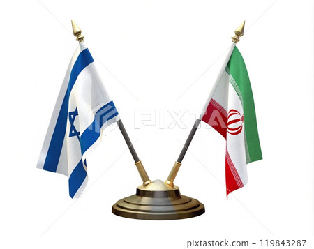 Flags of Israel and Iran against a background of fire. Flags of Israel and Iran against a background of fire. 119843287