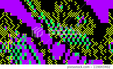 Abstract glitch art with pixelated green and purple patterns on black background Abstract glitch art with pixelated green and purple patterns on black background 119843402