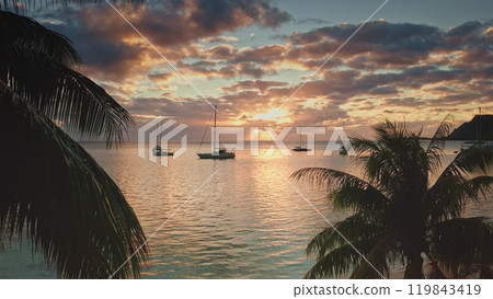 Palm trees framing scenic sunset view, sailboats anchored in tranquil waters Moorea tropical beach, French Polynesia. Wild nature paradise, exotic summer luxury travel. Natural background. Drone shot 119843419