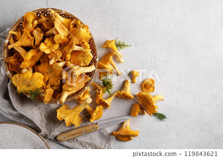 Top view of a bowl full of chanterelle mushrooms (Cantharellus cibarius). The bowl is on a gray background with a few more mushrooms knife and napkin 119843621