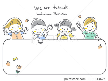 Spring frame of lively children - simple and cute line drawing illustration 119843624