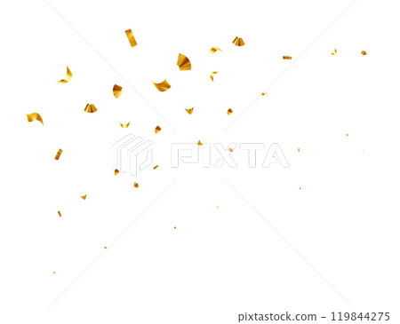 Golden shiny confetti flying. Bright golden festive tinsel for celebration Christmas, New Year, birthday party, Wedding ceremony, holiday event. Vector illustration 119844275