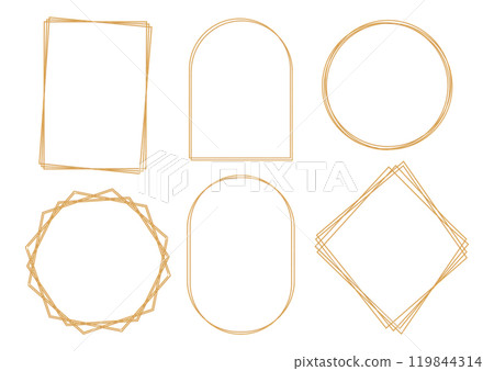 Set of 3d outline gold frames on white background. Hexagon, round, oval, rectangle, arch decorative elements for wedding invitation, grand opening, greeting card, certificate. Vector illustration 119844314