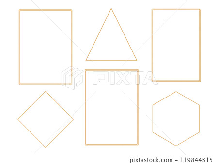 Set of outline gold frames on white background. Hexagon, rectangle, triangle decorative elements for wedding invitation, grand opening, greeting card, certificate. Vector illustration Set of outline gold frames on white background. Hexagon, rectangle, triangle decorative elements for wedding invitation, grand opening, greeting card, certificate. Vector illustration 119844315