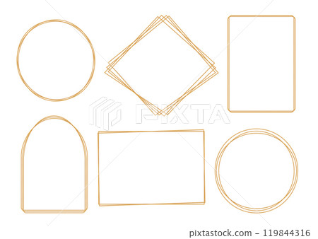 Set of outline gold frames on white background. Round, rectangle, arch decorative elements for wedding invitation, grand opening, greeting card, certificate. Vector illustration 119844316