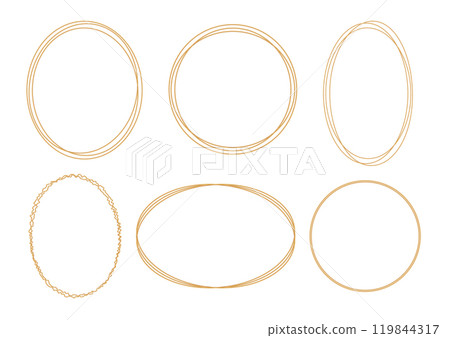 Set of outline gold frames on white background. Round, oval decorative elements for wedding invitation, grand opening, greeting card, certificate. Vector illustration Set of outline gold frames on white background. Round, oval decorative elements for wedding invitation, grand opening, greeting card, certificate. Vector illustration 119844317