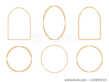 Set of outline gold frames on white background. Arch, round, oval decorative elements for wedding invitation, grand opening, greeting card, certificate. Vector illustration 119844319