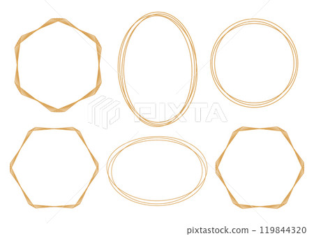 Set of outline gold frames on white background. Hexagon, round, oval decorative elements for wedding invitation, grand opening, greeting card, certificate. Vector illustration 119844320