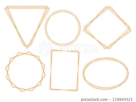 Set of outline gold frames on white background. Hexagon, round, oval, rectangle, triangle decorative elements for wedding invitation, grand opening, greeting card, certificate. Vector illustration 119844321