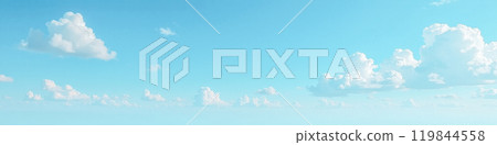 Panoramic view of tranquil blue sky and fluffy cumulus clouds spread evenly, serene day backdrop for design projects, wide open clear skies with soft white cloud formations on sunny day Panoramic view of tranquil blue sky and fluffy cumulus clouds spread evenly, serene day backdrop for design projects, wide open clear skies with soft white cloud formations on sunny day 119844558