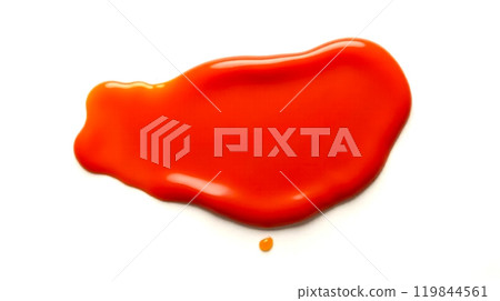 Bright red ketchup spill isolated on white background, glossy tomato sauce blob, condiment stain, vibrant food topping splatter, culinary ingredient drop 119844561