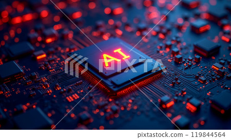 Illuminated AI chip on motherboard, advanced technology concept, artificial intelligence processing unit, futuristic computing, electronic circuitry close-up, digital innovation Illuminated AI chip on motherboard, advanced technology concept, artificial intelligence processing unit, futuristic computing, electronic circuitry close-up, digital innovation 119844564