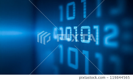 Digital binary code on blue background, close-up of data encryption technology, information processing concept with zeros and ones in sharp focus for modern computing imagery 119844565