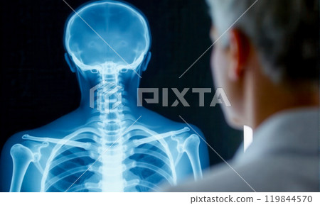 Digital X-ray of Human Skeleton in Blue Hue with Medical Professional Analyzing Bone Structure for Health Checkup, Advanced Diagnostic Imaging Technology in Medicine Digital X-ray of Human Skeleton in Blue Hue with Medical Professional Analyzing Bone Structure for Health Checkup, Advanced Diagnostic Imaging Technology in Medicine 119844570