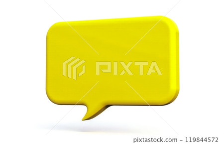 Bright yellow speech bubble on white background, 3D illustration representing communication, messaging, dialogue, conversation, chat, social media, graphic design Bright yellow speech bubble on white background, 3D illustration representing communication, messaging, dialogue, conversation, chat, social media, graphic design 119844572