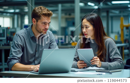 Industrial workers checking production metrics on factory floor with laptops and tablets, quality control in manufacturing, teamwork in industrial environment Industrial workers checking production metrics on factory floor with laptops and tablets, quality control in manufacturing, teamwork in industrial environment 119844573