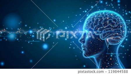 Human Brain Function Concept Digital Illustration Side Profile Neural Network Connections Glowing Neurons Abstract Light Particles Blue Background Technology Data Intelligence 119844588