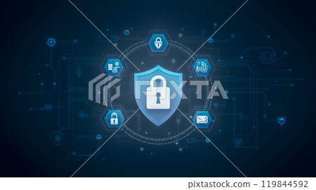 Cybersecurity Concept Digital Protection Data Safety Network Secure Information Technology Computer Defense System Internet Privacy Lock Shield Circuit Background Illustration 119844592