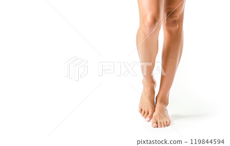 Slim Female Legs Standing Tiptoe White Background, Fitness Beauty Skincare Concept, Healthy Lifestyle, Body Care Routine, Elegance Gracefulness, Wellness Training Exercise 119844594