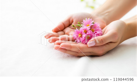 Female hands presenting natural skincare cream surrounded by vibrant daisy flowers on isolated white background, organic hand care product advertisement with floral elements Female hands presenting natural skincare cream surrounded by vibrant daisy flowers on isolated white background, organic hand care product advertisement with floral elements 119844596