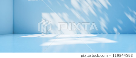 Empty blue room interior with soft light and abstract shadows on walls and floor. Minimalistic clean background, presentations, product displays, design mockups with modern aesthetic Empty blue room interior with soft light and abstract shadows on walls and floor. Minimalistic clean background, presentations, product displays, design mockups with modern aesthetic 119844598