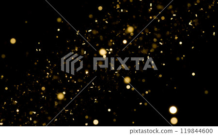 golden confetti on dark background, sparkling particle overlay for celebrations, glamorous shine and glitter effect for party decorations, festive atmosphere for holiday events or luxury design 119844600
