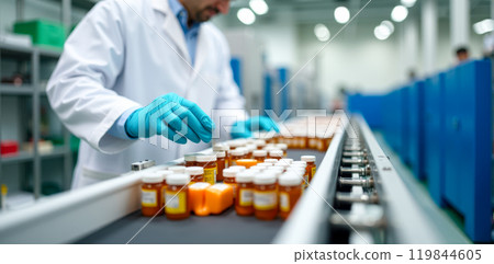 Pharmaceutical worker in lab coat inspecting medication bottles on factory conveyor belt, industrial drug manufacturing process, healthcare product quality assurance 119844605