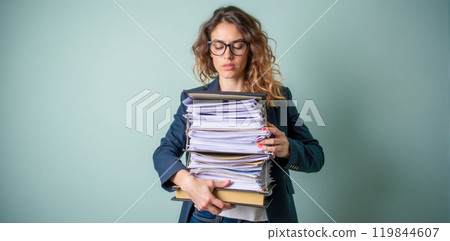 Corporate professional in suit struggling with heavy workload, carrying bulky stack of paperwork, overwhelmed by filing task, office worker managing extensive documentation Corporate professional in suit struggling with heavy workload, carrying bulky stack of paperwork, overwhelmed by filing task, office worker managing extensive documentation 119844607