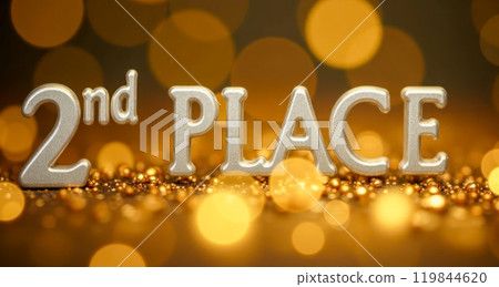 Silver 2nd Place Text on Golden Bokeh Background, Award Ceremony Winner Recognition, Second Position Achievement Celebration, Shiny Metallic Finish 119844620