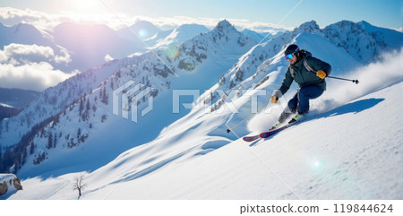 Active skier in motion at ski resort, carving through fresh snow on sunny day, mountain range in distance, winter vacation theme, sporting goods promotion, extreme cold weather activity 119844624