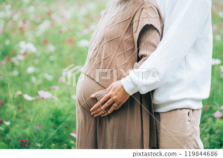 A pregnant woman in a cosmos field and a man's hand on her stomach A pregnant woman in a cosmos field and a man's hand on her stomach 119844686