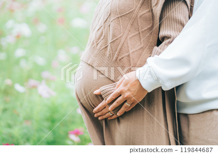 A pregnant woman in a cosmos field and a man's hand on her stomach A pregnant woman in a cosmos field and a man's hand on her stomach 119844687
